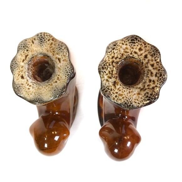 Anna Van Briggle Pottery Brown Drip Horn Cornucopia Candle Holder Pair RARE VTG - Picture 6 of 11